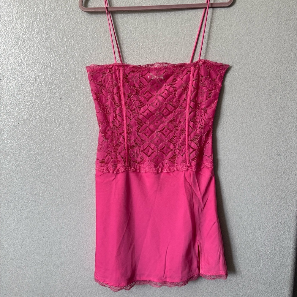 Meshki Hot Pink Lace Slip Mini Dress Size Large Satin Lace Party Date Night - Picture 3 of 15